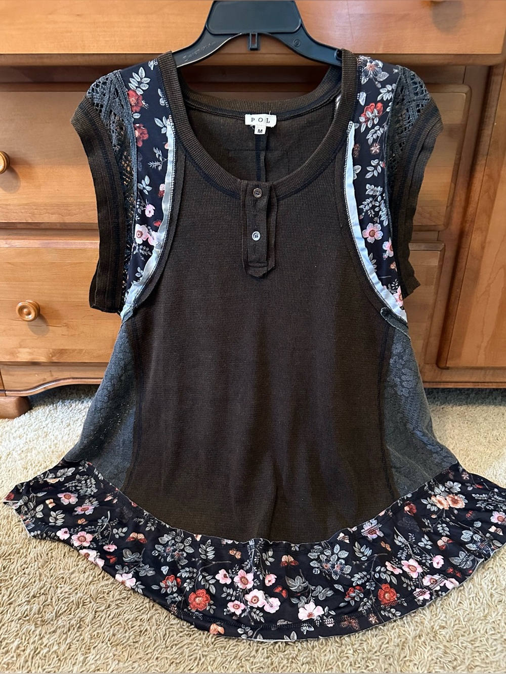 NWOT POL MINERAL WASHED MIXED FABRIC TOP